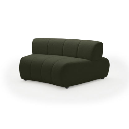 Armless two-seat dark green sofa on white background