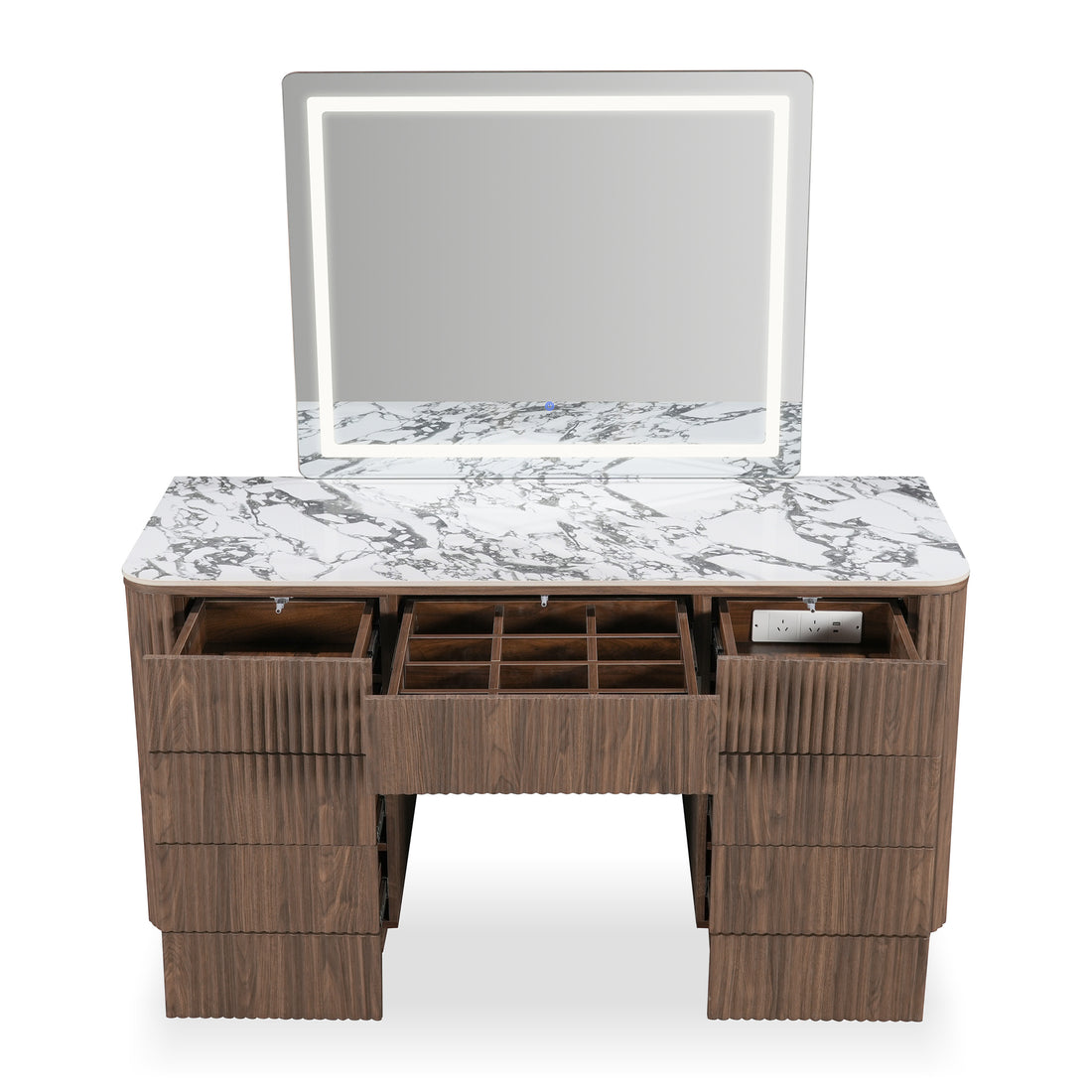 Modern vanity table with marble top and LED mirror on a white background