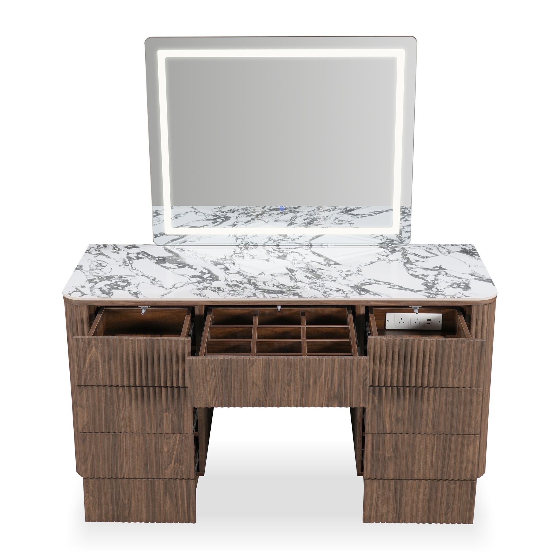 Modern vanity table with marble top and LED mirror on a white background