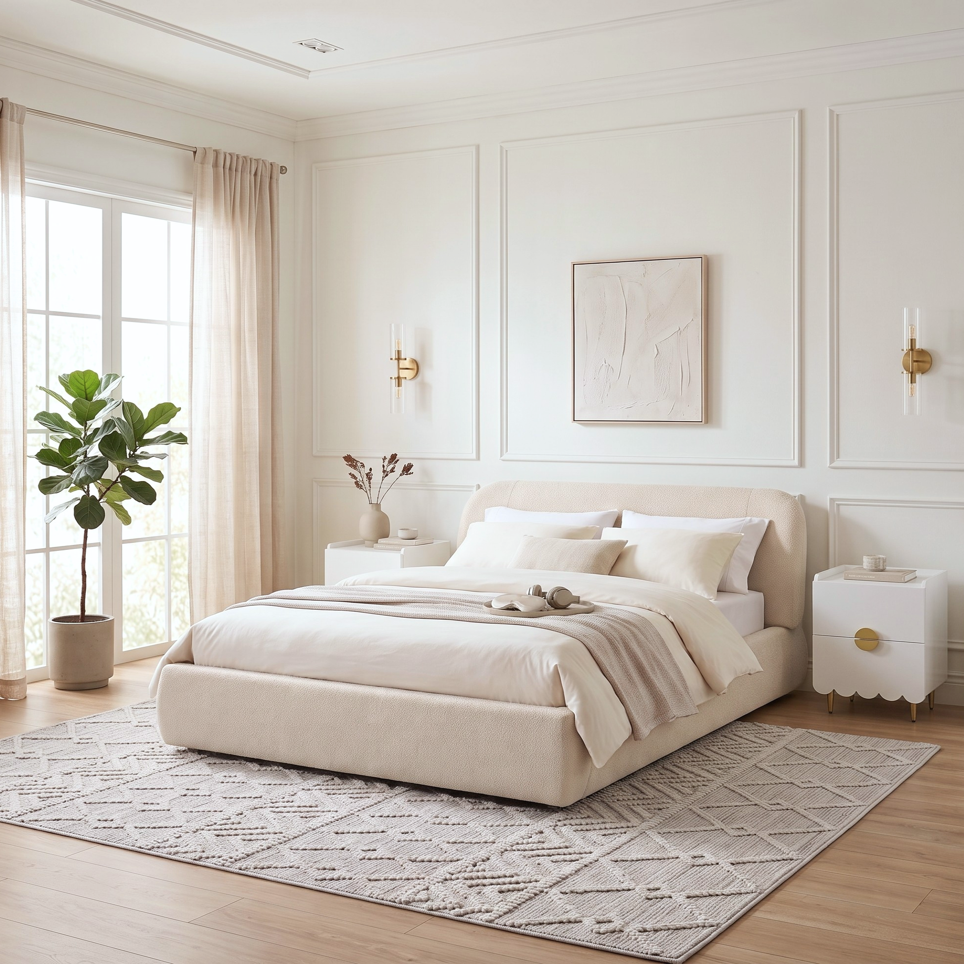 Cream upholstered bed in a styled modern bedroom