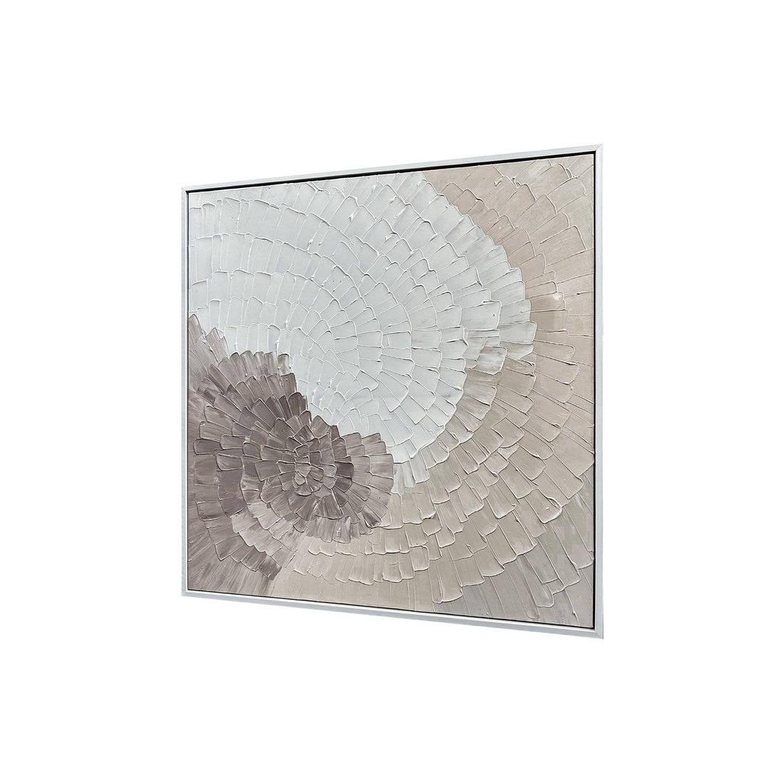 Zendaya Canvas Wall Art 105 x 105cm in White features concentric, textured, petal-like shapes in neutral tones, set in a slim, metallic frame, creating a sophisticated, gallery-like presence.