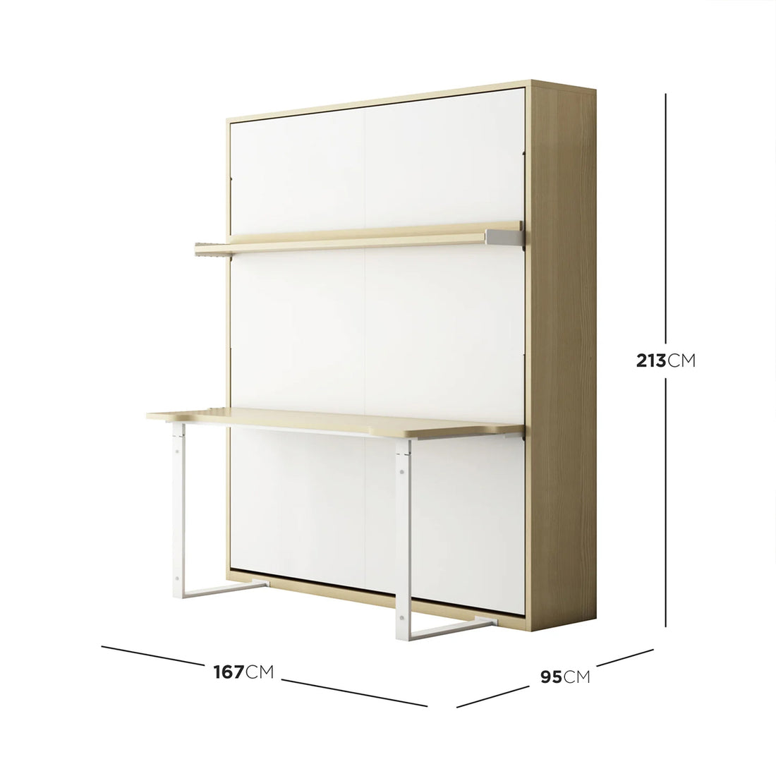 Logan Desk and Foldout Queen Wall Bed White & Natural features a light wood frame with white panels, a fold-out desk with metal legs, and an upper shelf, maximizing space efficiently.