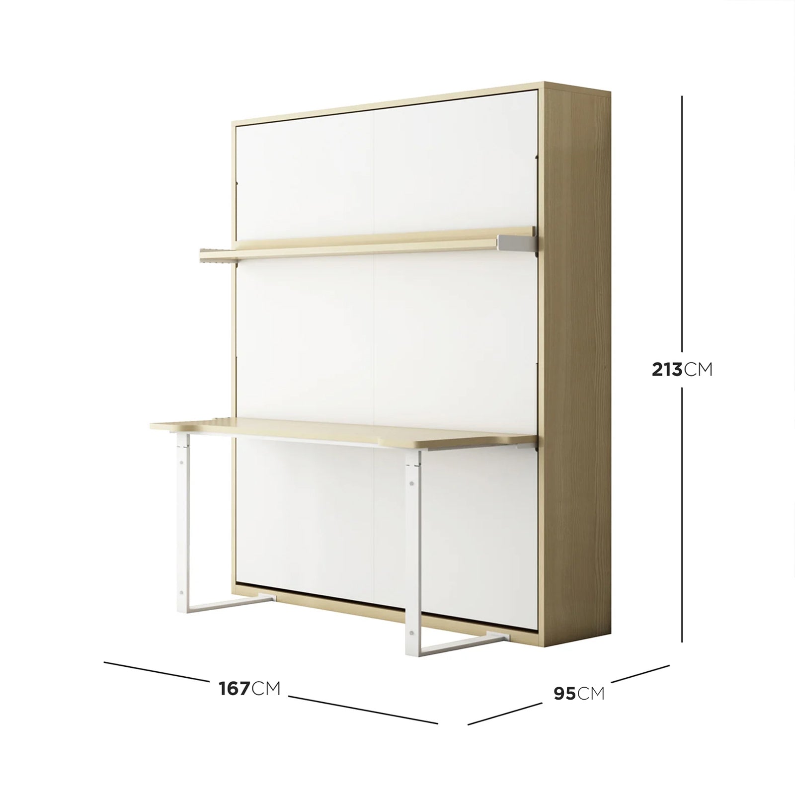 Logan Desk and Foldout Queen Wall Bed White & Natural features a light wood frame with white panels, a fold-out desk with metal legs, and an upper shelf, maximizing space efficiently.