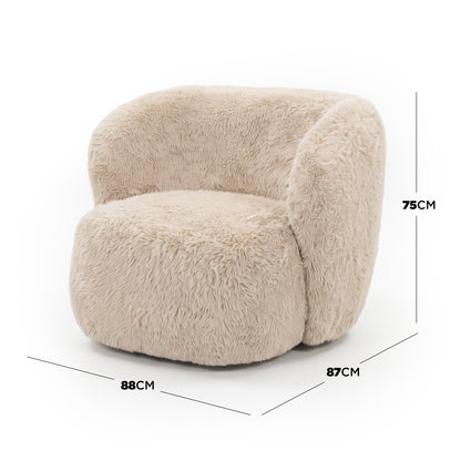 Beige faux fur accent chair on white background with dimensions labeled