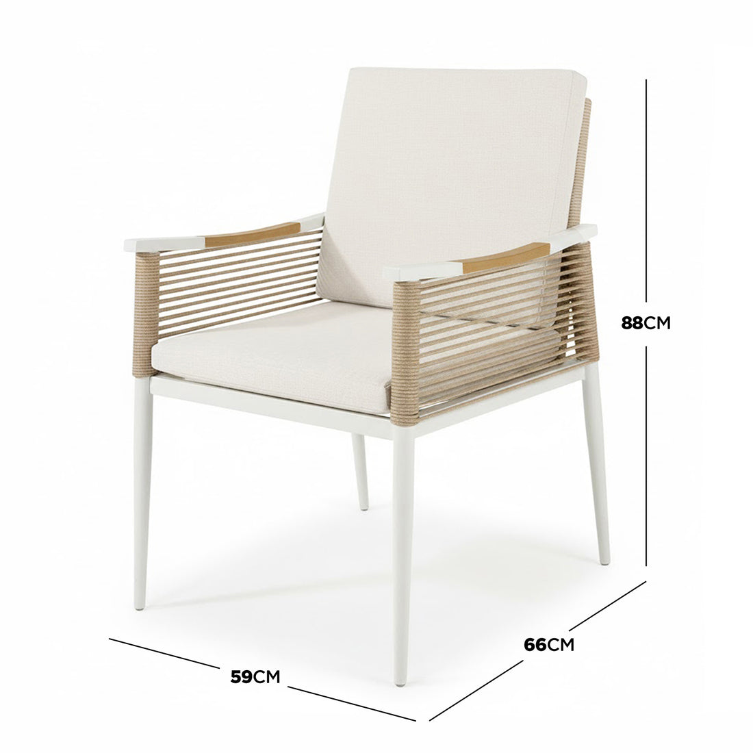 Casara 7 Piece Outdoor Dining Set in White & Beige featuring a modern armchair with a white metal frame, beige rope-wrapped sides, and matching cushions, designed for both indoor and outdoor use.