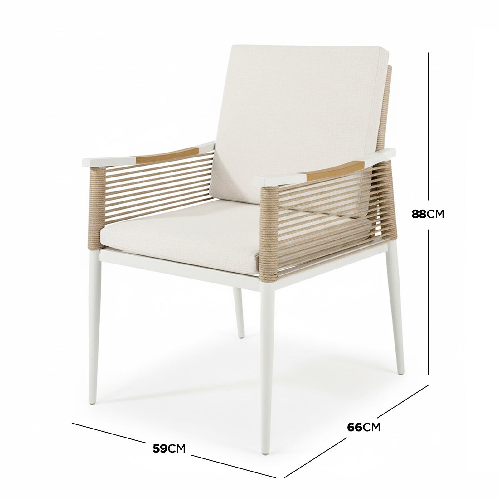 Casara 7 Piece Outdoor Dining Set in White & Beige featuring a modern armchair with a white metal frame, beige rope-wrapped sides, and matching cushions, designed for both indoor and outdoor use.