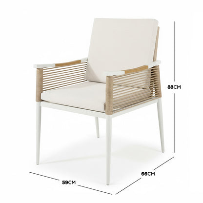 Casara 7 Piece Outdoor Dining Set in White & Beige featuring a modern armchair with a white metal frame, beige rope-wrapped sides, and matching cushions, designed for both indoor and outdoor use.