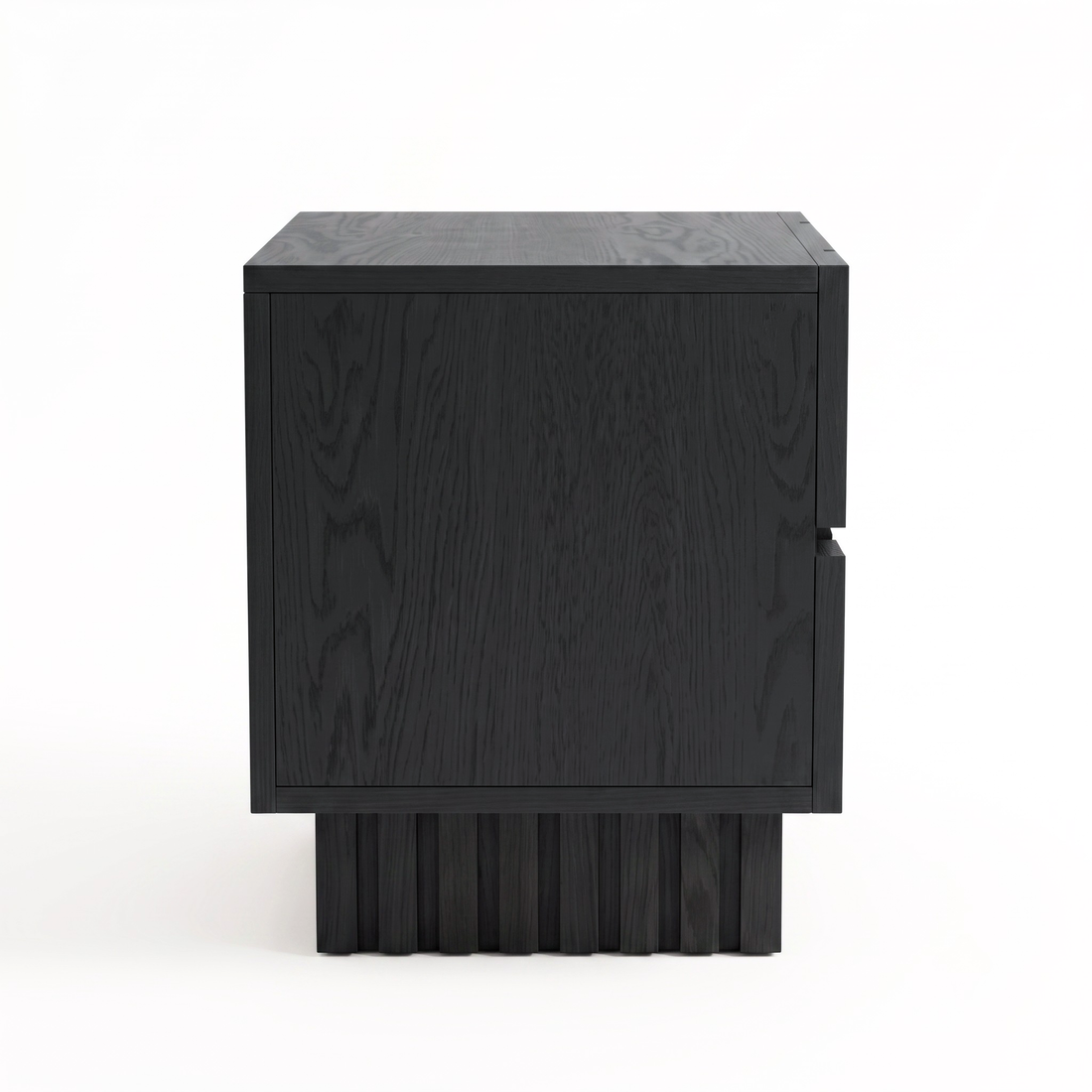 Side view of a black wooden nightstand on a white background