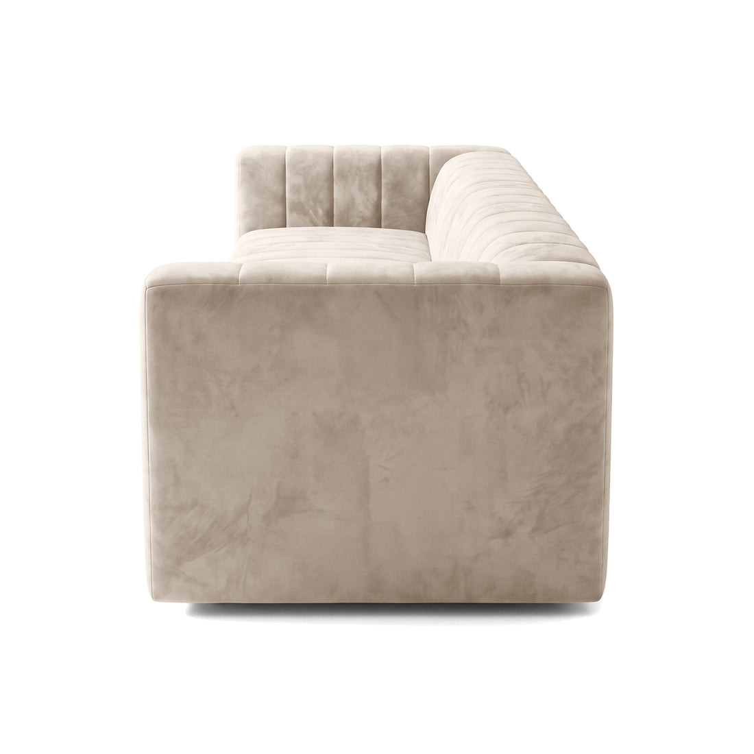Side view of a beige upholstered sofa on a white background