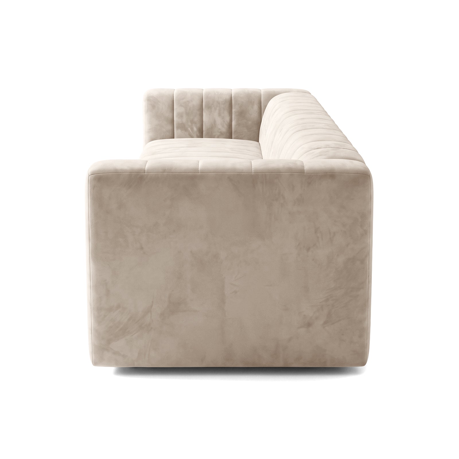 Side view of a beige upholstered sofa on a white background