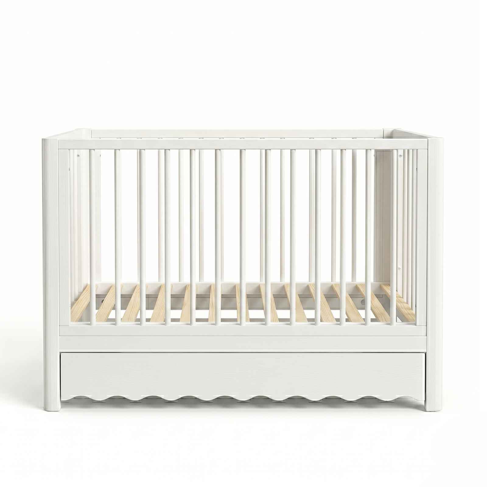 White wooden crib with storage drawer on white background