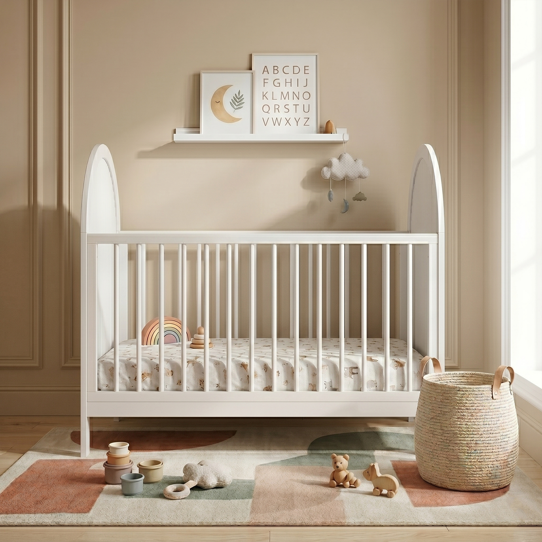 White baby crib in a styled nursery with wall paneling, plush toys, and decorative shelf