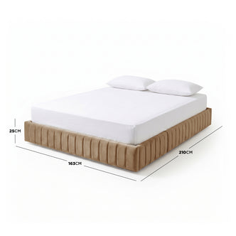 Beige upholstered bed frame with white bedding and overlaid dimension lines on white background