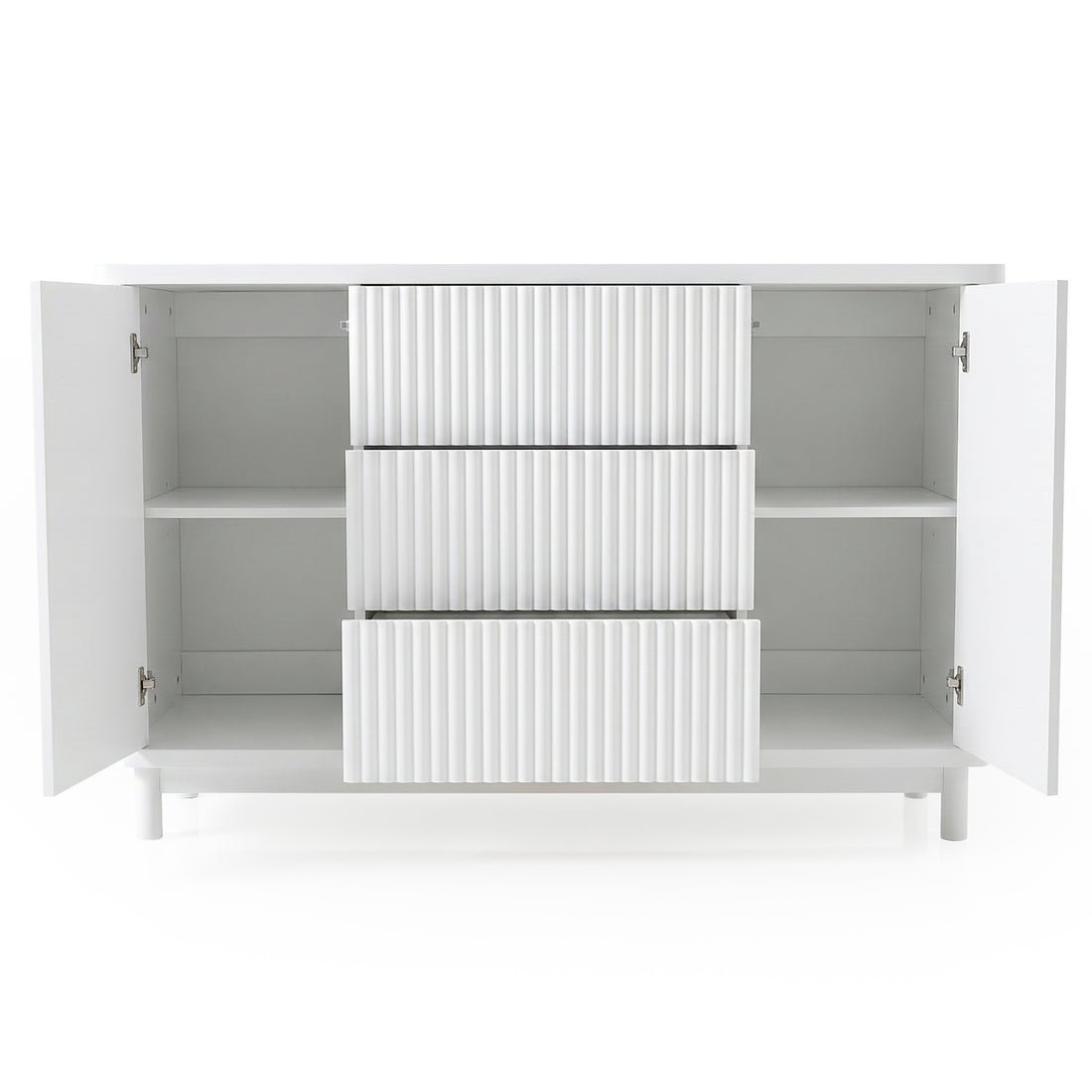 White modern storage cabinet with open doors on white background