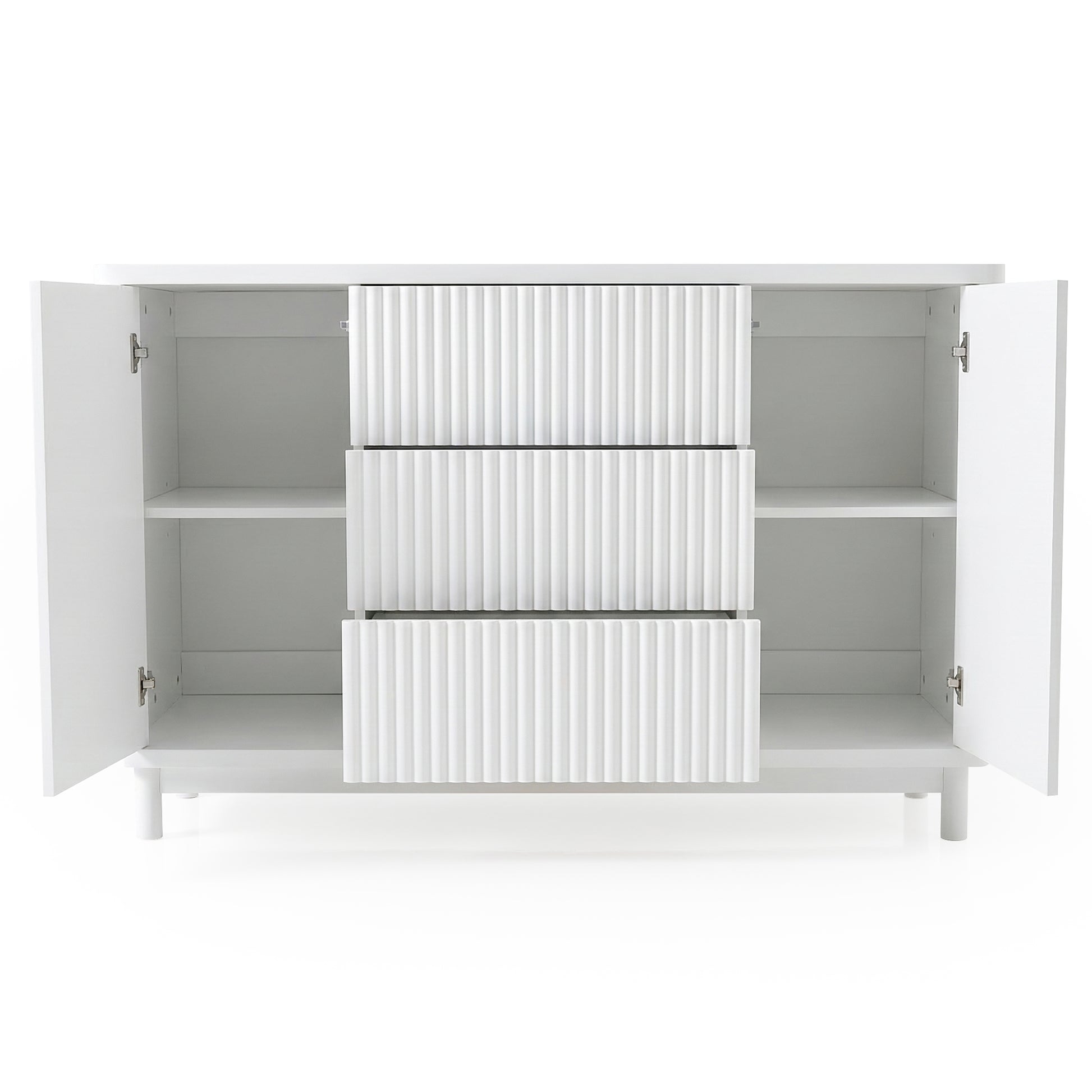 White modern storage cabinet with open doors on white background