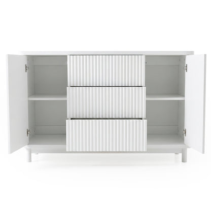 White modern storage cabinet with open doors on white background