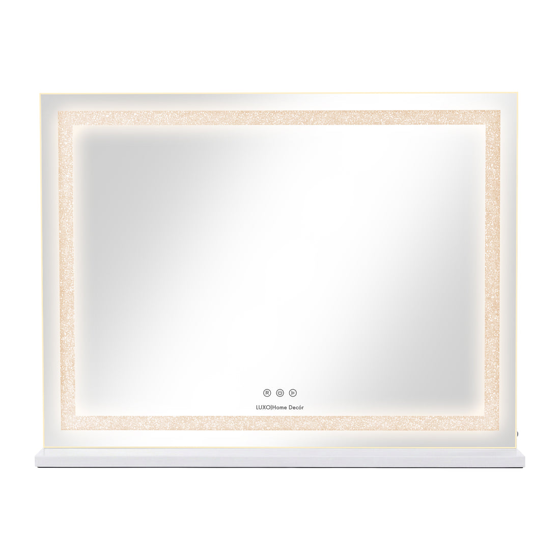 Wall-mounted LED mirror with integrated LED light border and touch controls on white background