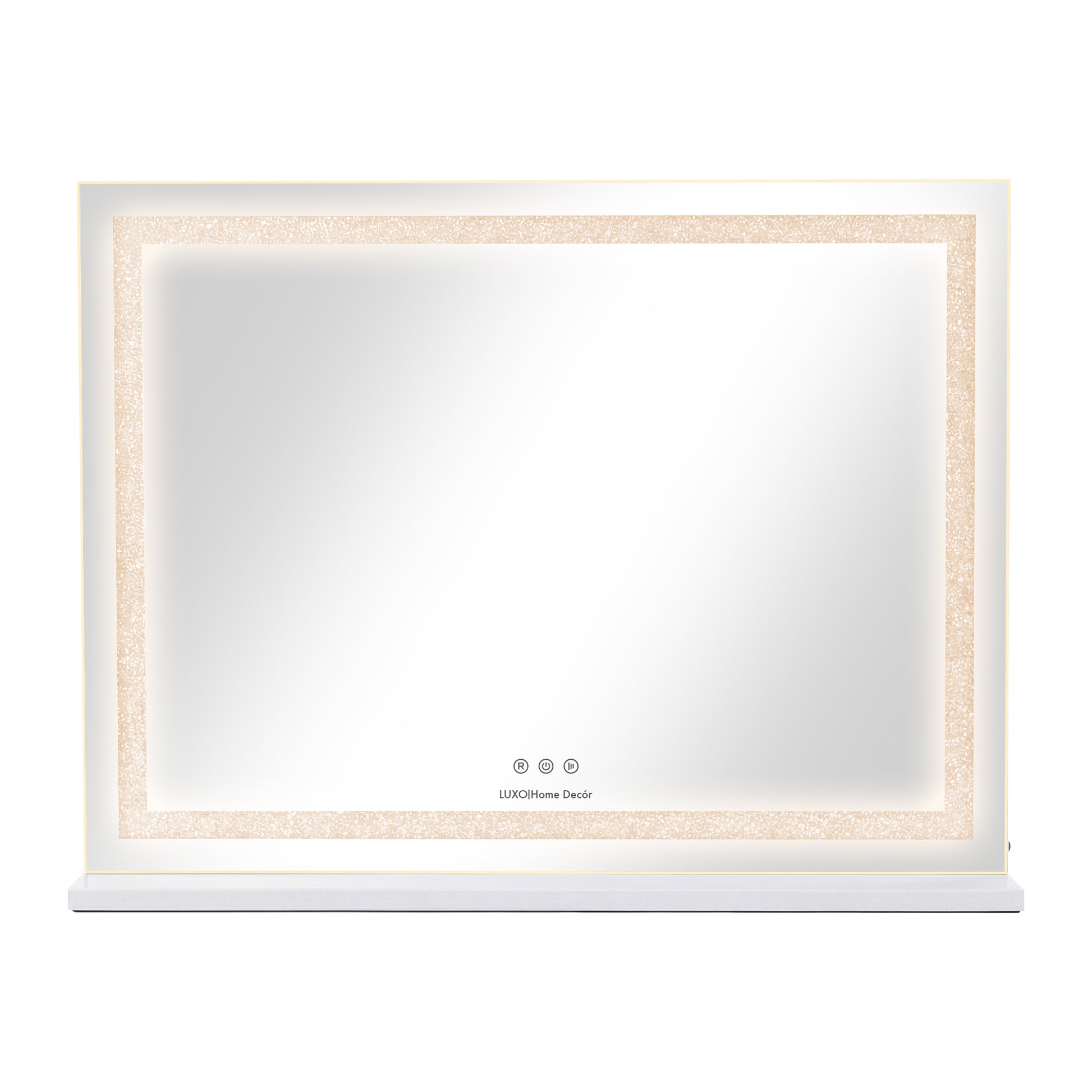 Wall-mounted LED mirror with integrated LED light border and touch controls on white background