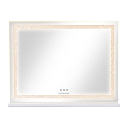 Wall-mounted LED mirror with integrated LED light border and touch controls on white background