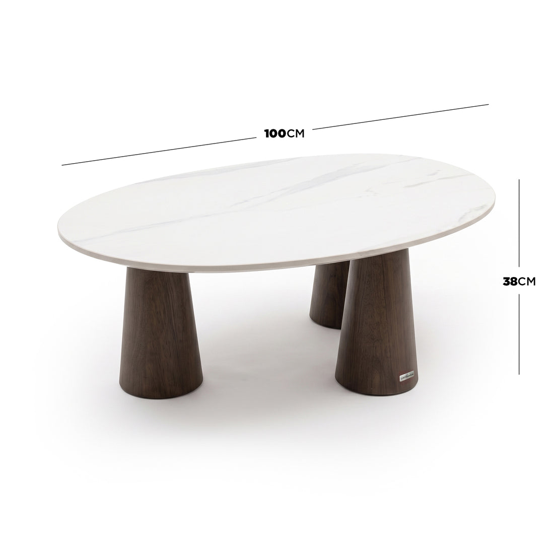 Modern oval coffee table on white background with dimensions marked 100cm wide and 38cm high