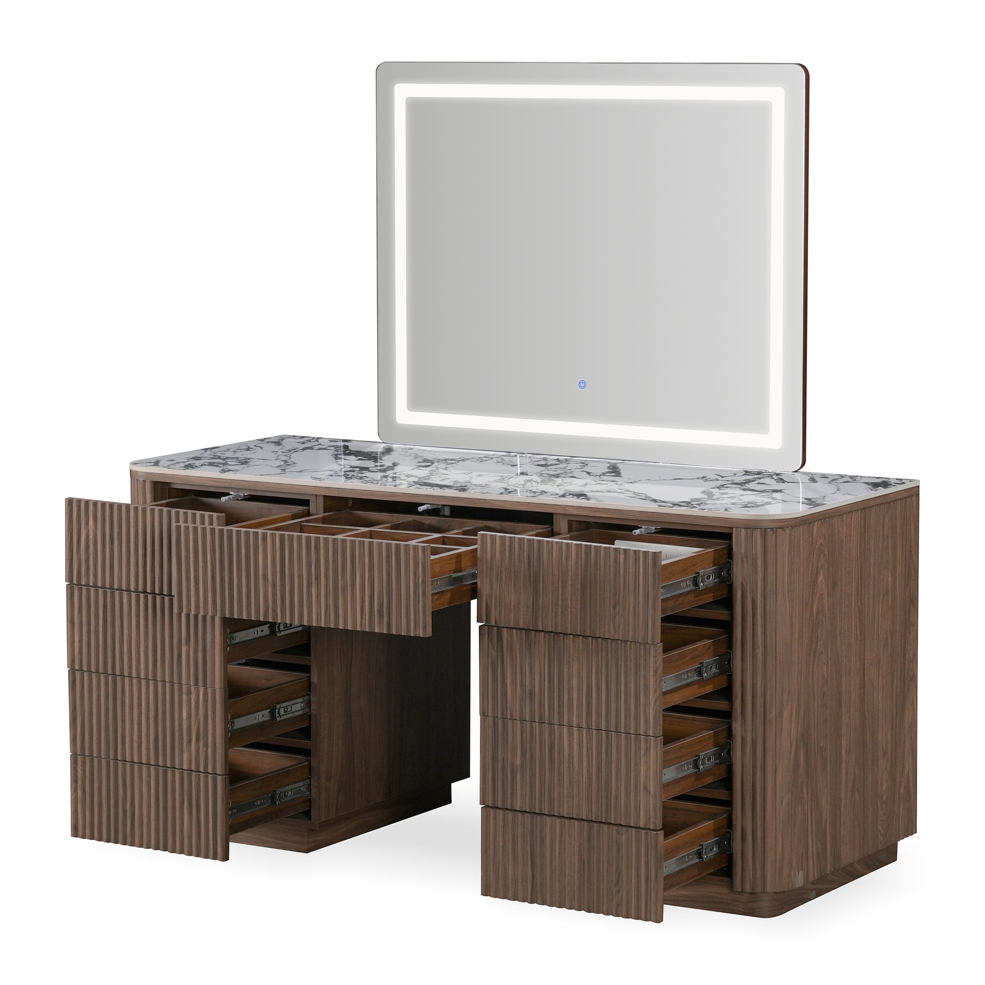 Vanity desk with illuminated mirror and open drawers on a white background