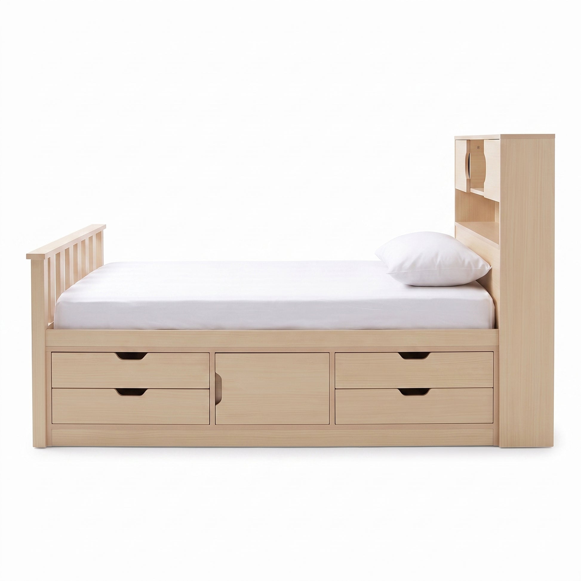 Natural wood storage bed photographed from the side on a white background