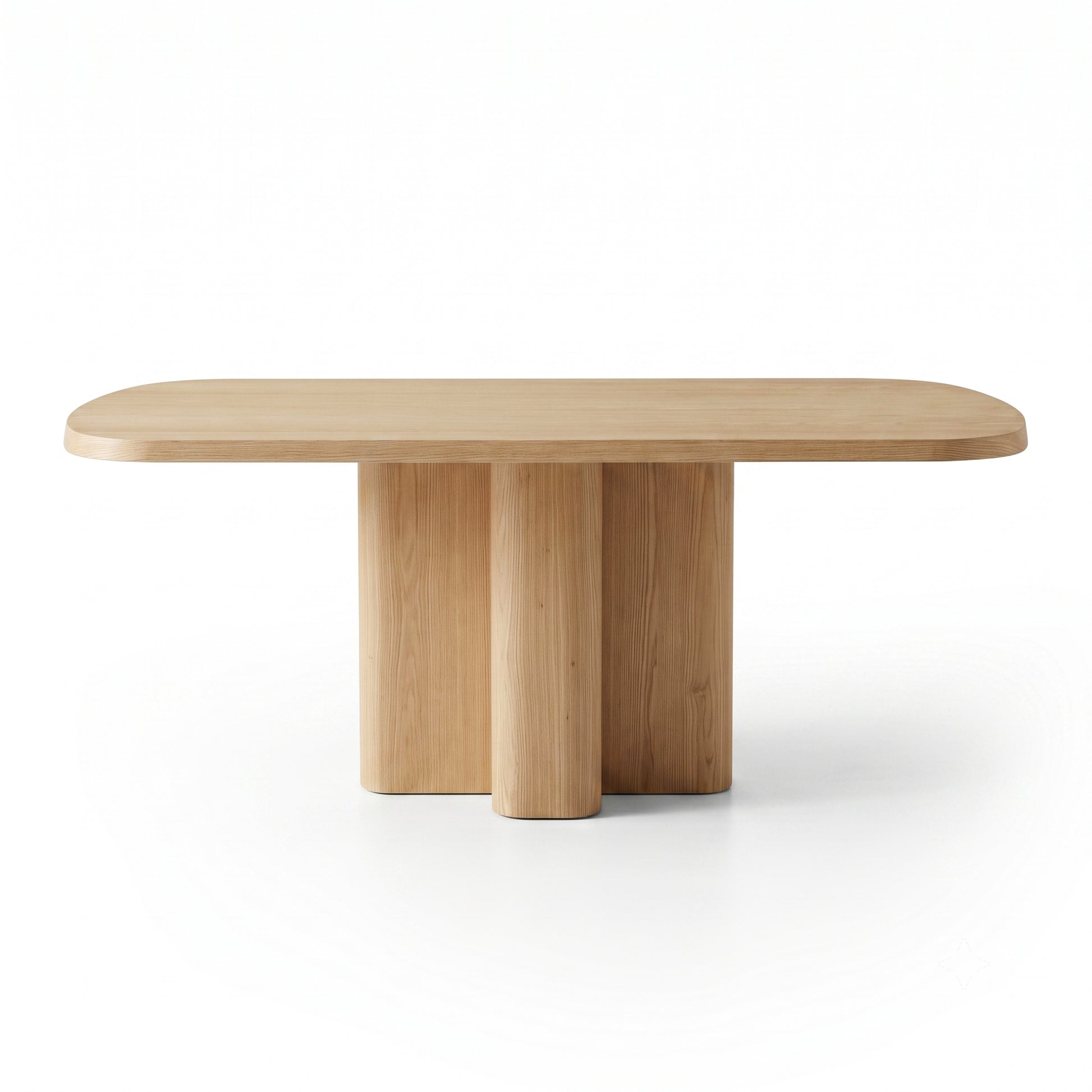 Contemporary wooden table with rounded corners and oval top on white background