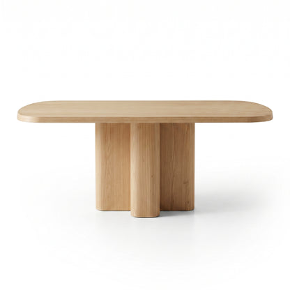Contemporary wooden table with rounded corners and oval top on white background