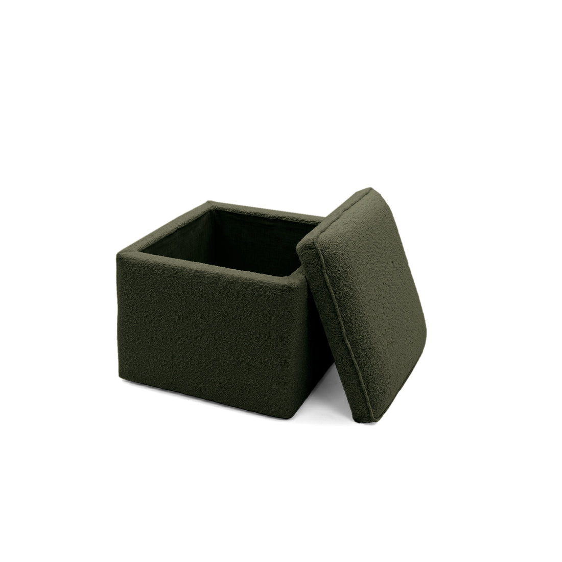 Olive green square storage ottoman with removable lid on white background