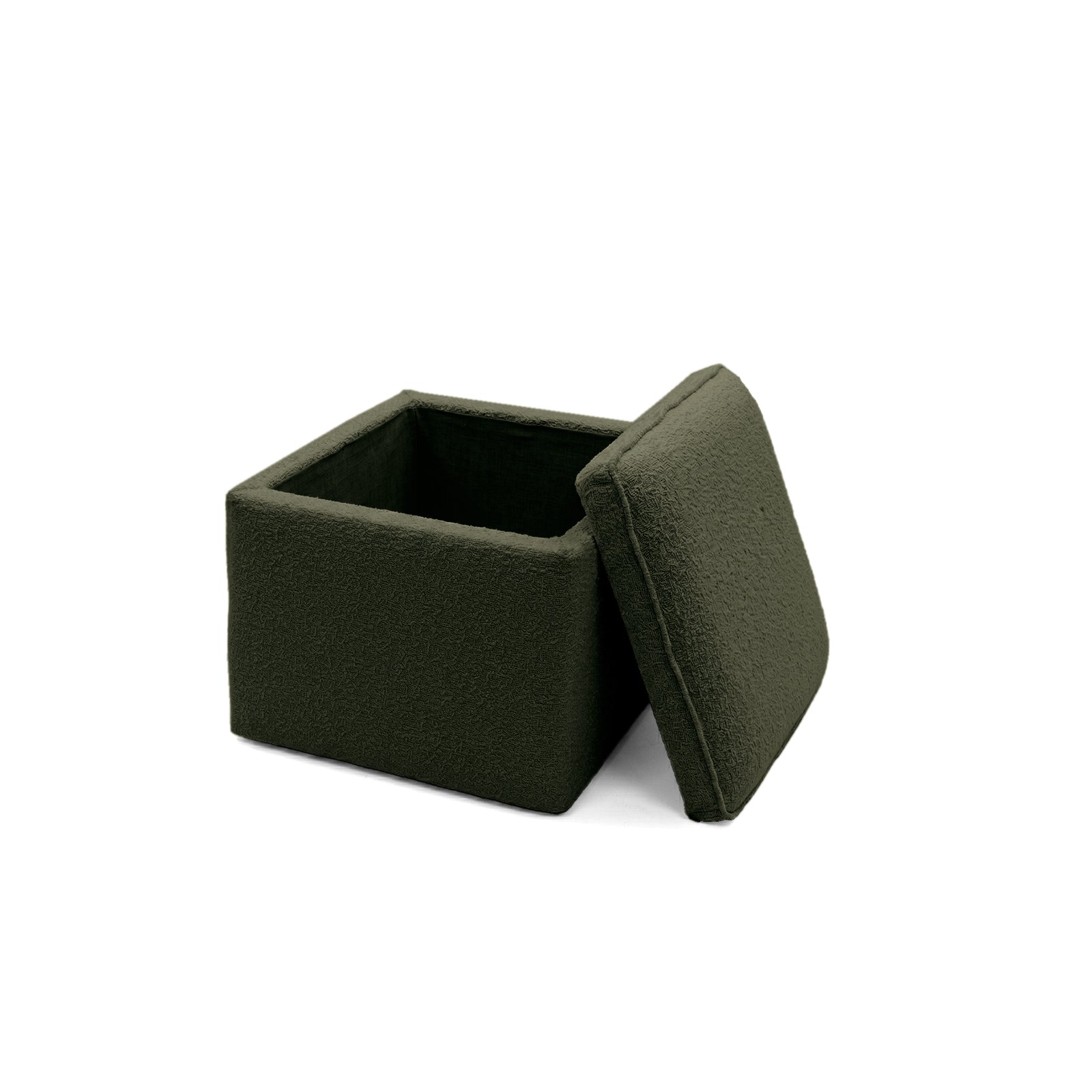 Olive green square storage ottoman with removable lid on white background