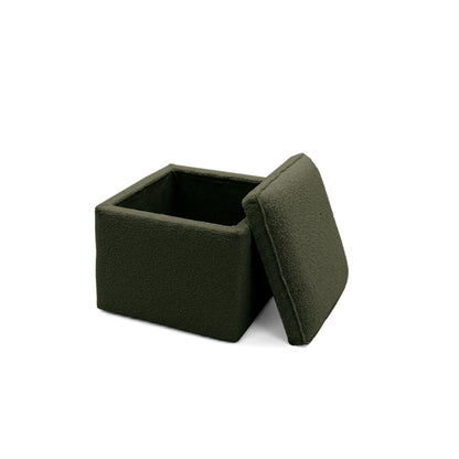 Olive green square storage ottoman with removable lid on white background