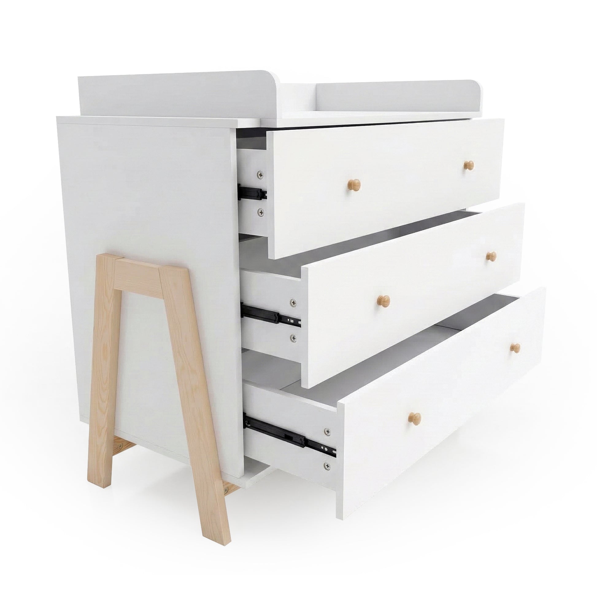 White dresser/changing table with drawers pulled out on a white background