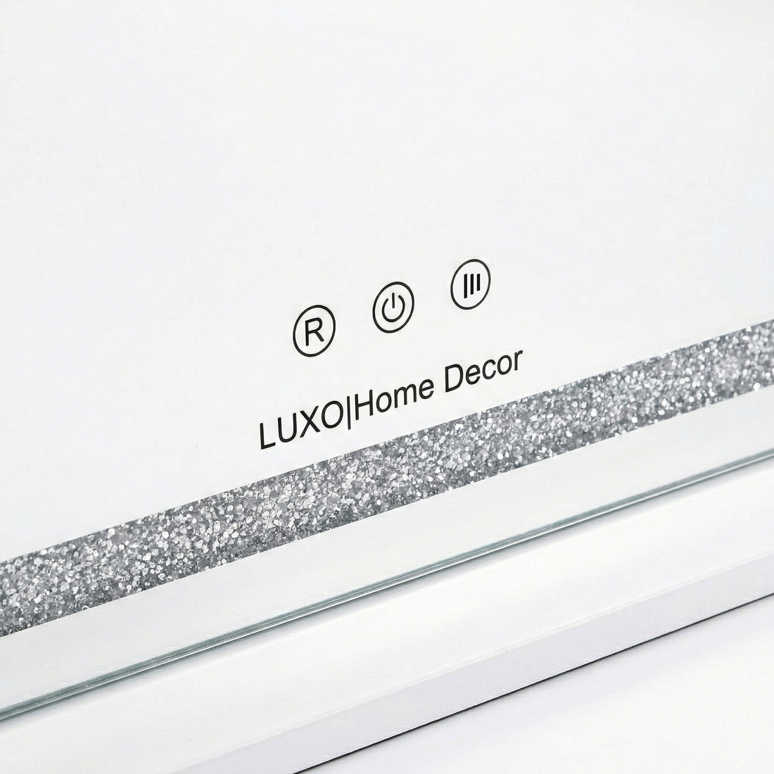 Close-up showing glitter strip and branding icons of the mirror on white background