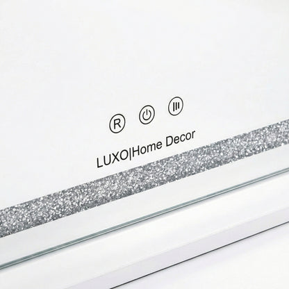 Close-up showing glitter strip and branding icons of the mirror on white background