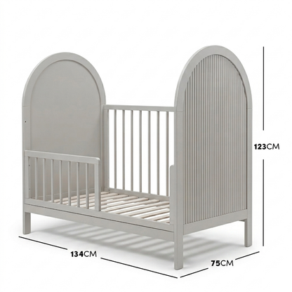 Light gray crib with dimension labels on white background