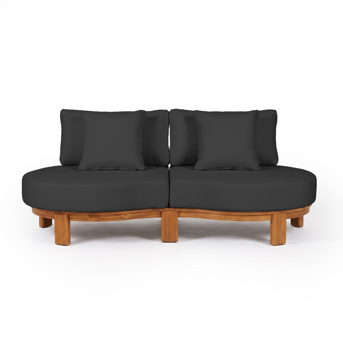 Modern curved sofa with black cushions and wooden base on white background