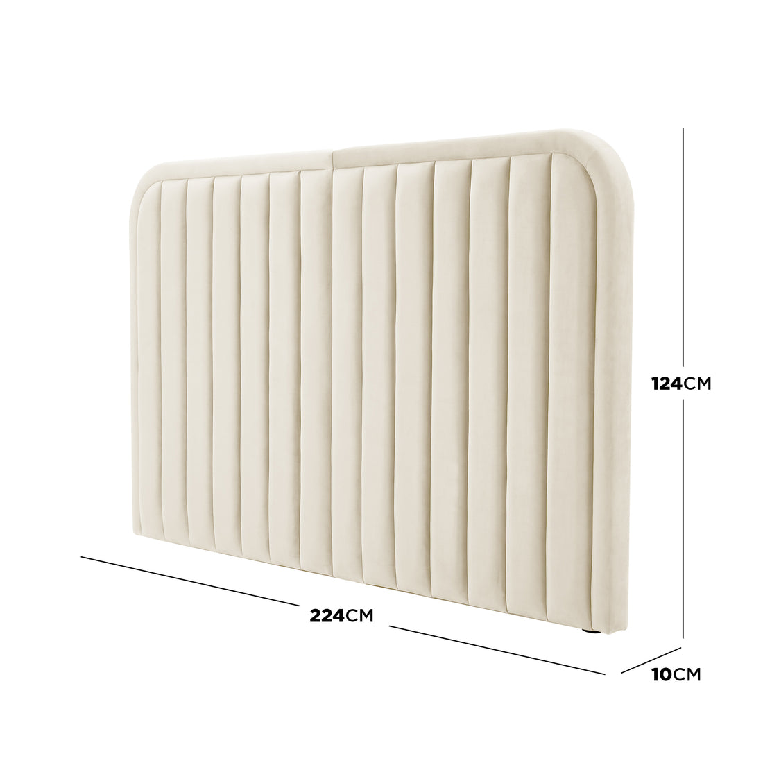 Cream upholstered headboard with vertical channels and dimensions overlay on white background
