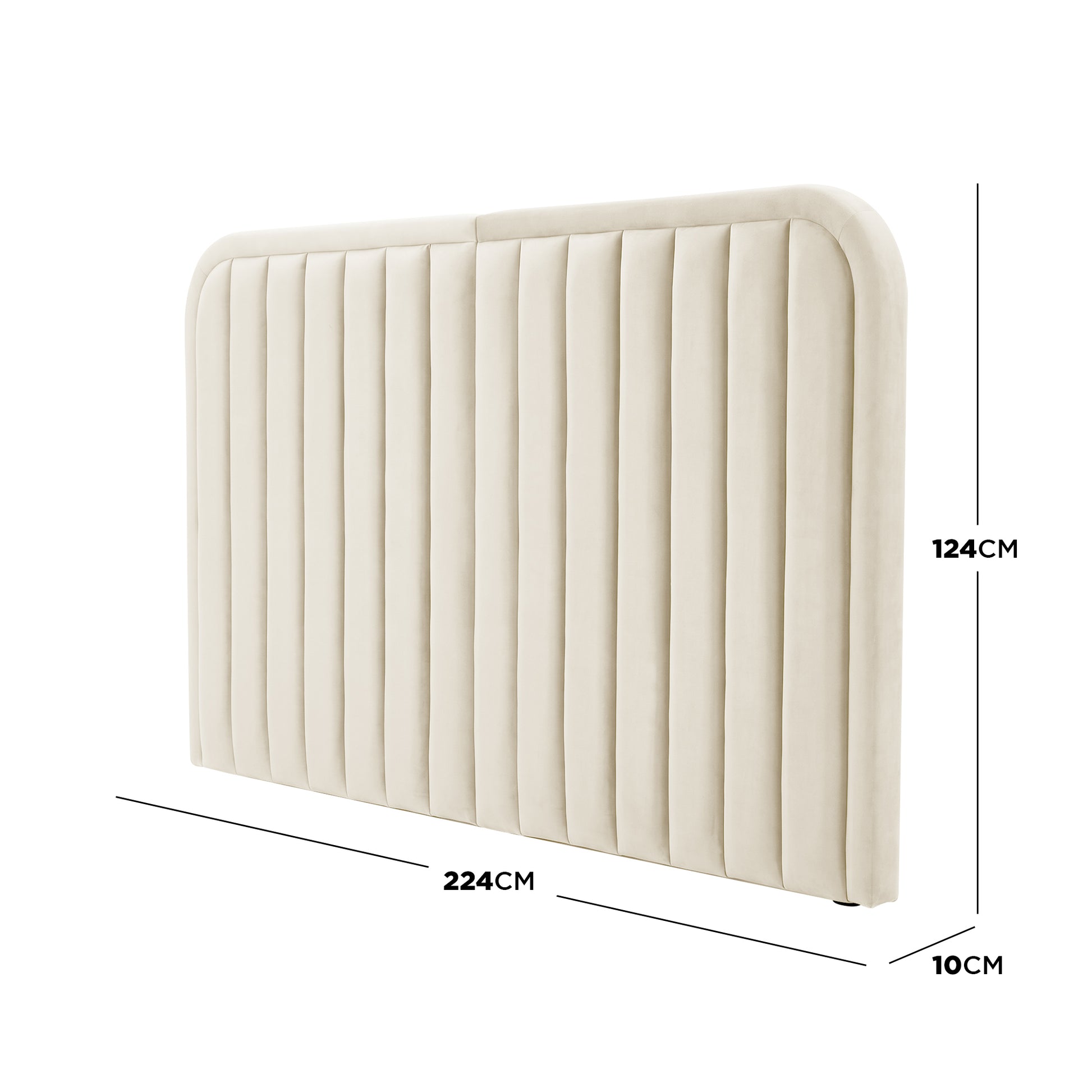 Cream upholstered headboard with vertical channels and dimensions overlay on white background