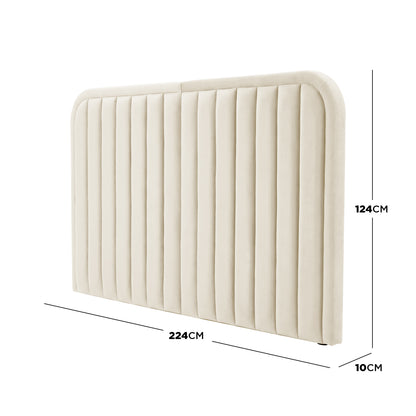 Cream upholstered headboard with vertical channels and dimensions overlay on white background