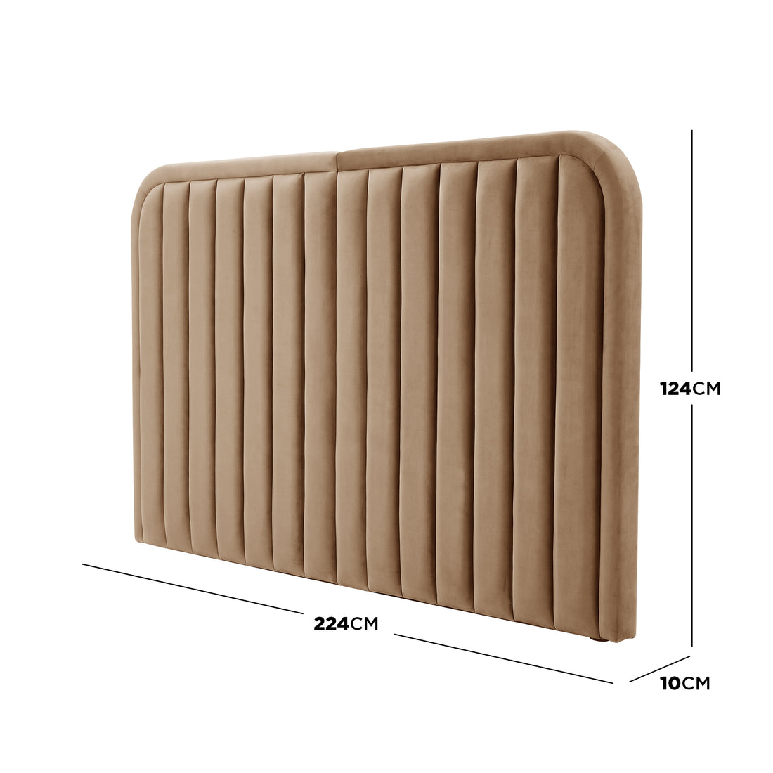 Tan upholstered headboard with dimensions (124 cm H, 224 cm W, 10 cm D) on white background