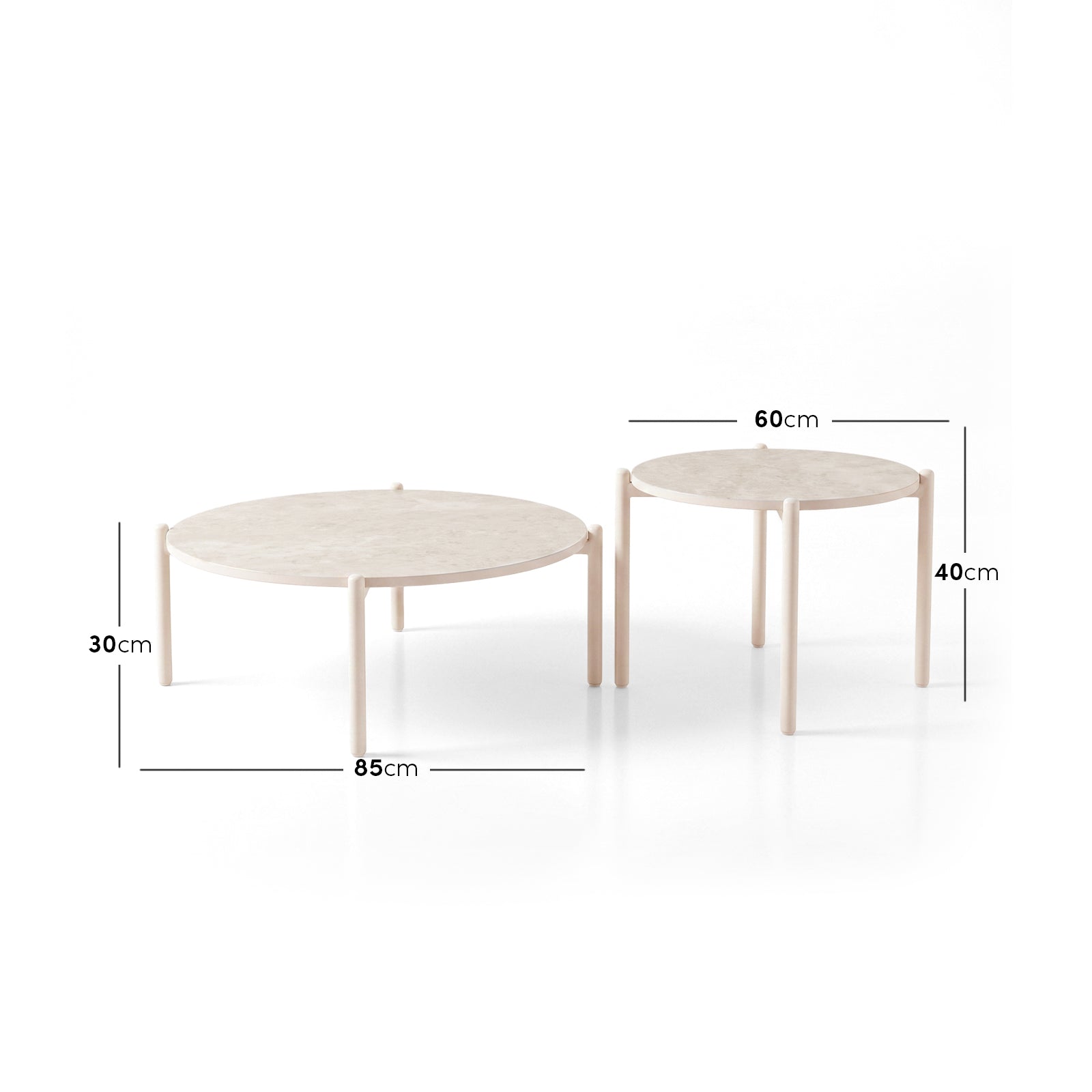 Two round tables on a white background with diameter and height measurements shown
