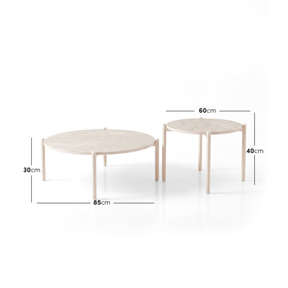 Two round tables on a white background with diameter and height measurements shown