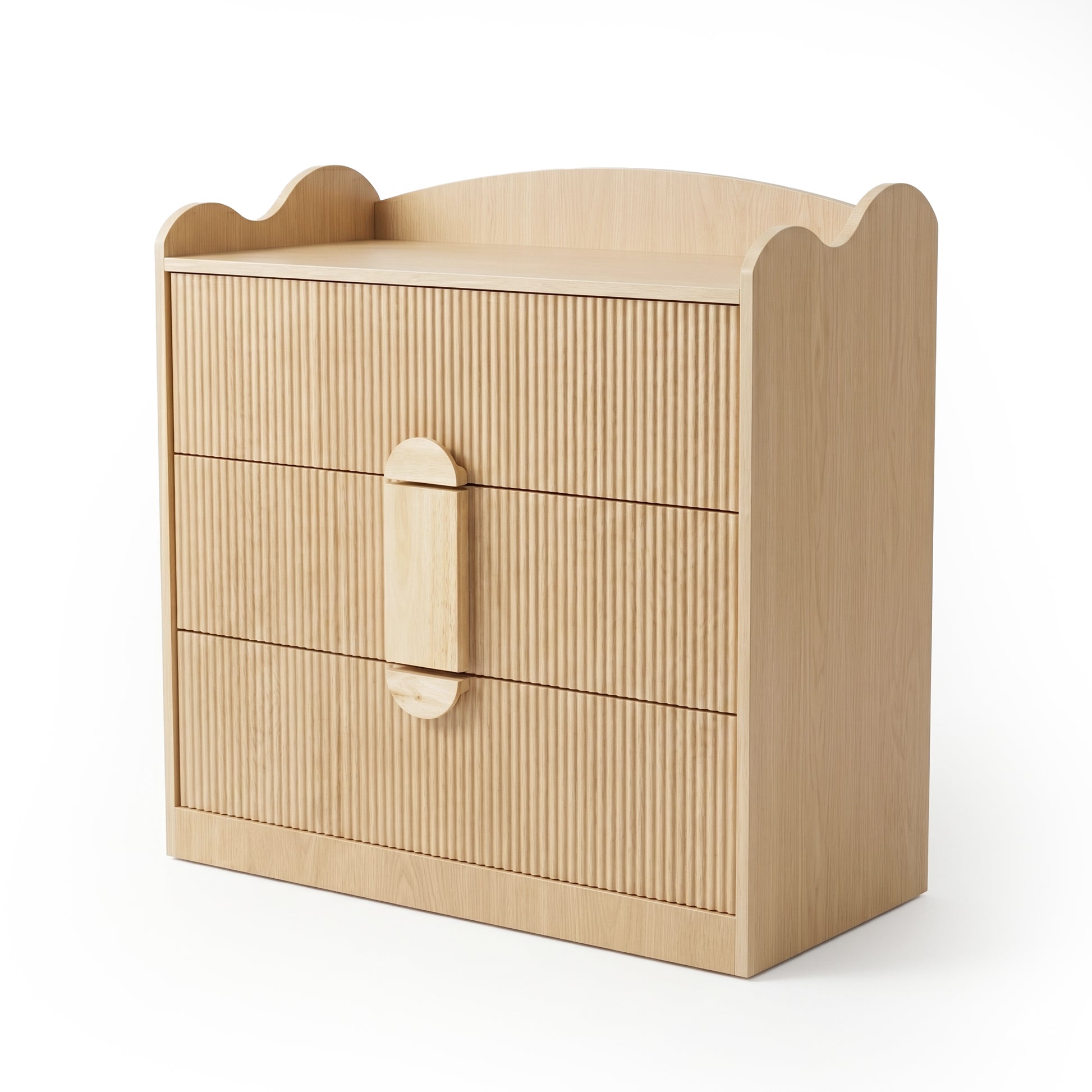 Three-drawer wooden dresser with scalloped edges and ribbed fronts on a white background