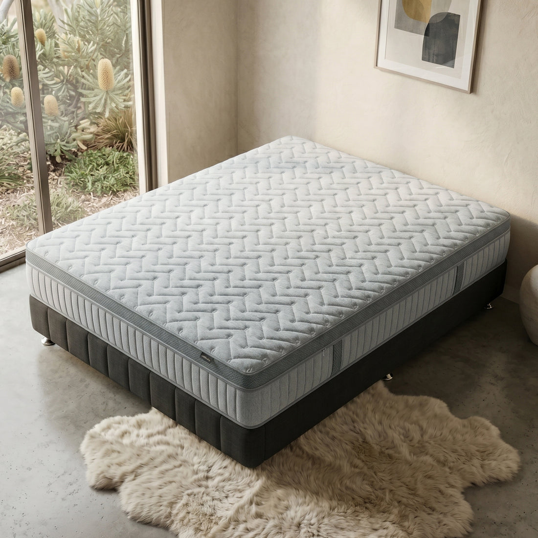 Mattress on a bed base in a modern, softly lit bedroom