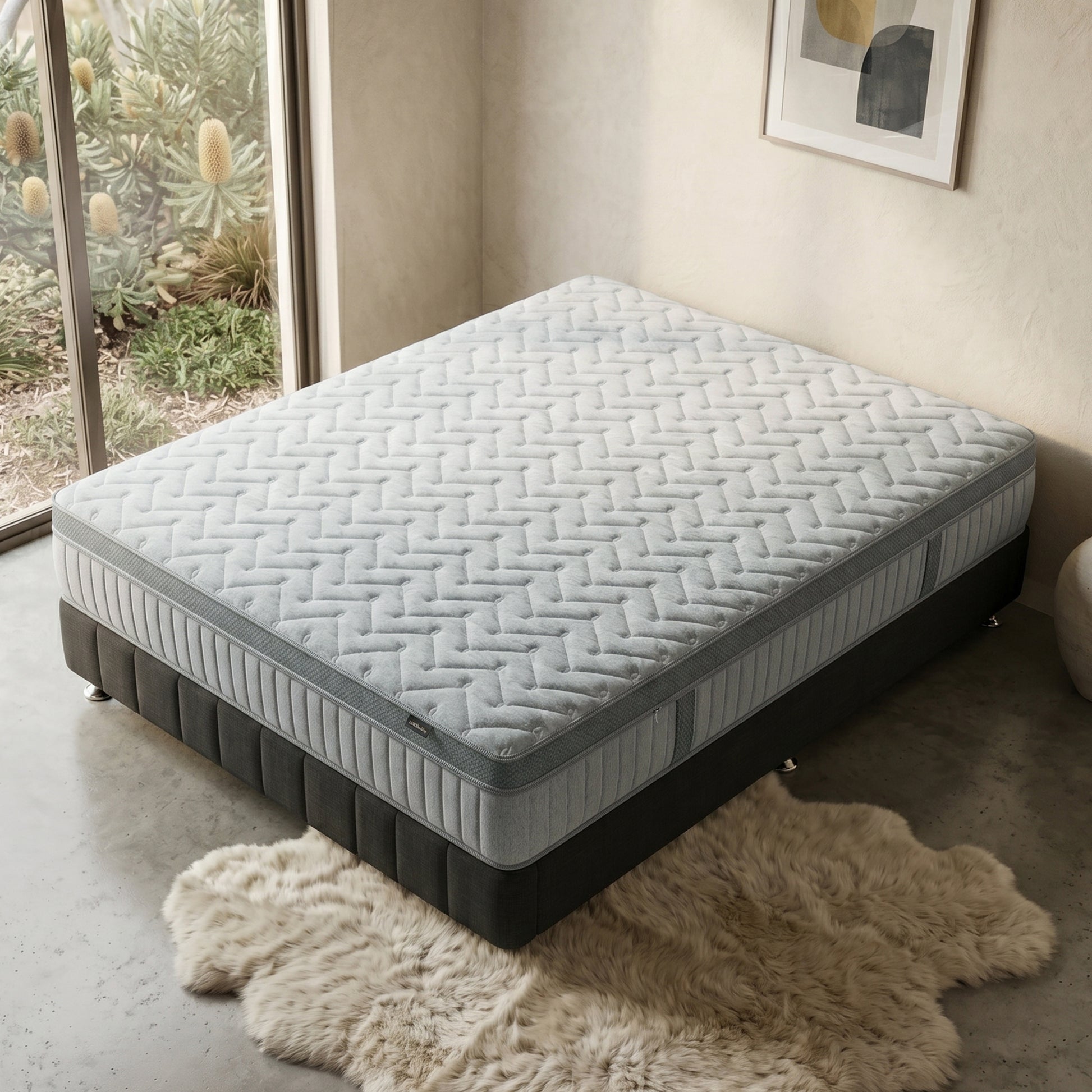 Mattress on a bed base in a modern, softly lit bedroom