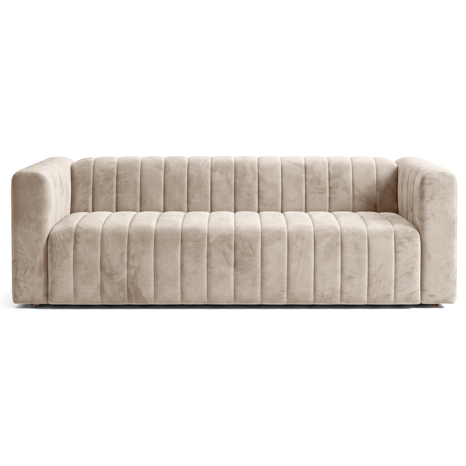 Beige channel-tufted sofa on a white background
