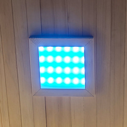 Square LED ceiling light mounted on a wooden plank ceiling.