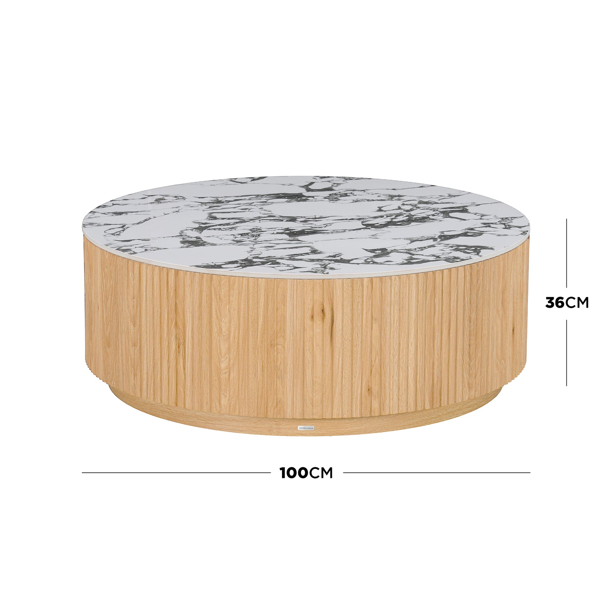 Round coffee table on white background with labeled dimensions