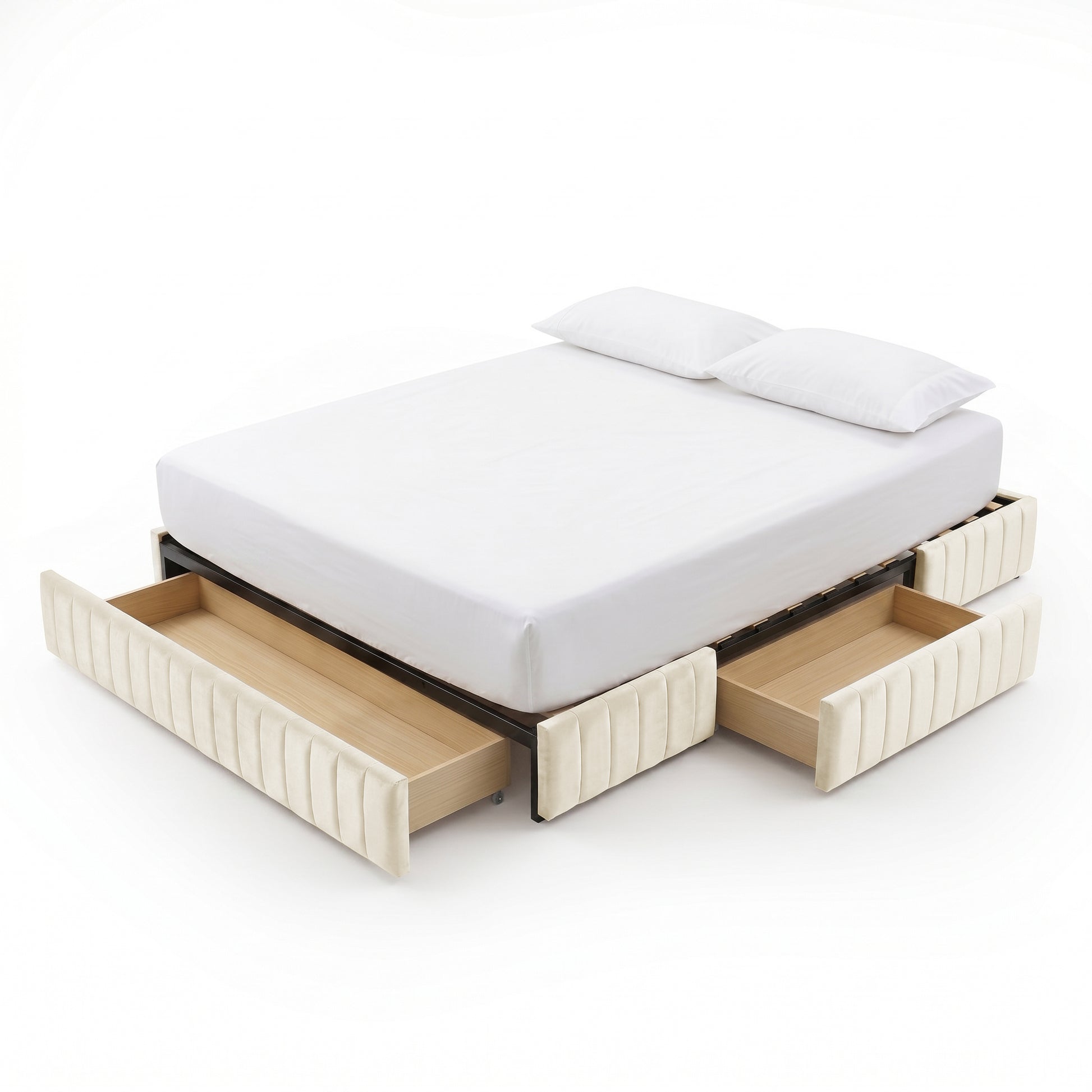 Upholstered bed with open storage drawers on white background