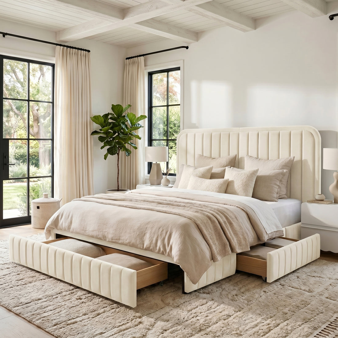 Upholstered bed with vertical channel headboard and under-bed storage in styled bedroom setting